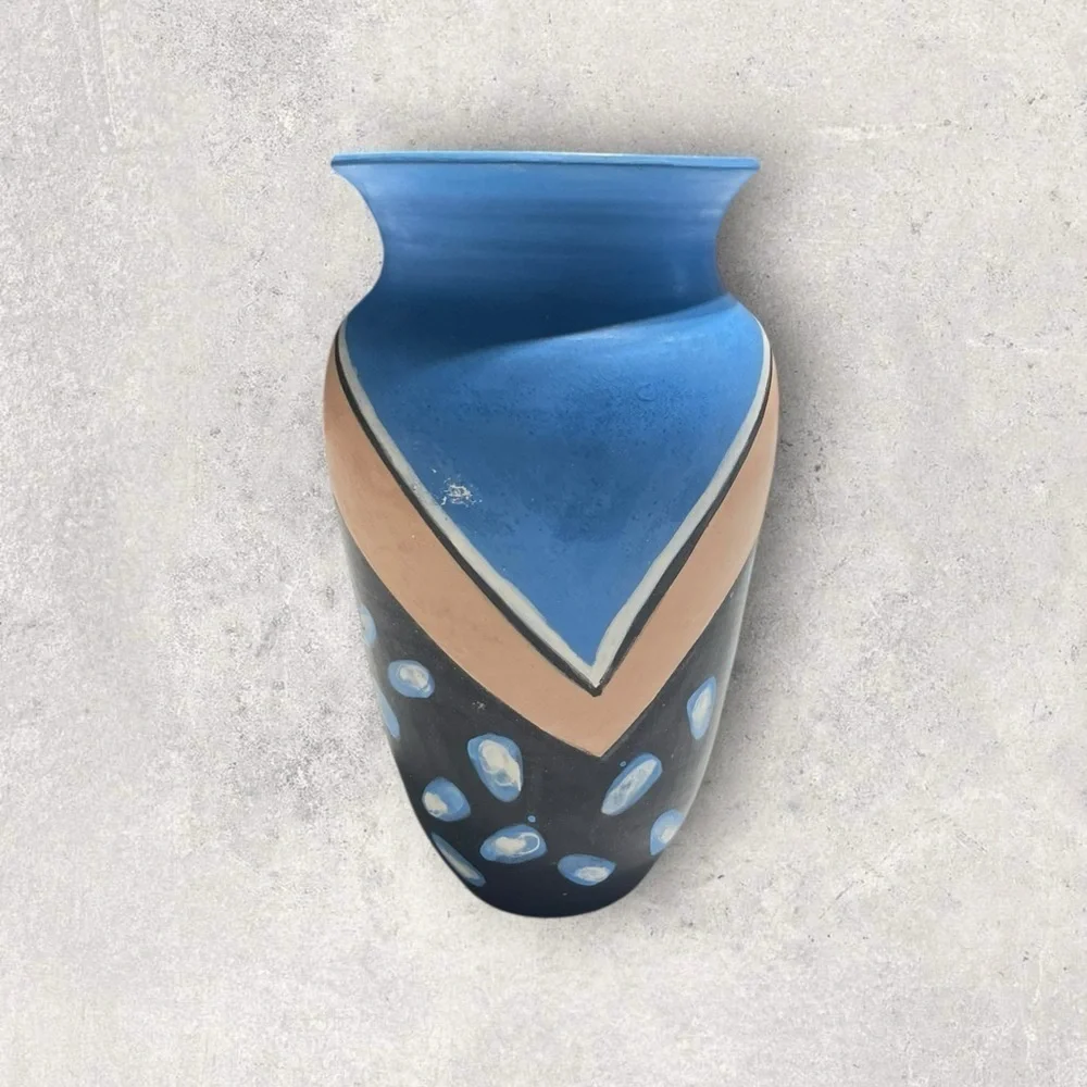 Blue & Beige Artistic Vase, Native American pottery, artist signature 